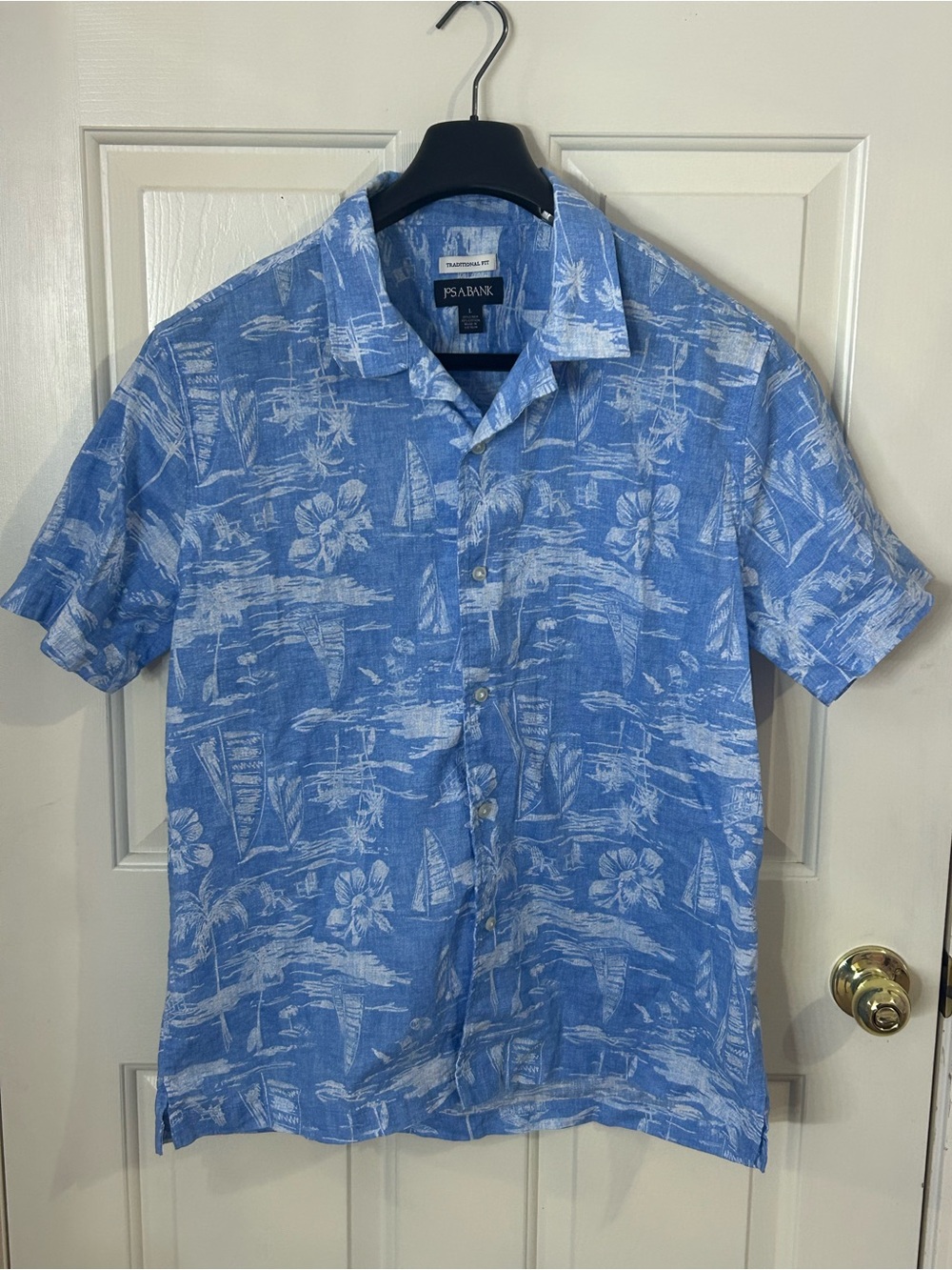 Jos. A. Bank Men's Large Blue/White Floral Hawaiian Linen Cotton Button-Up Shirt